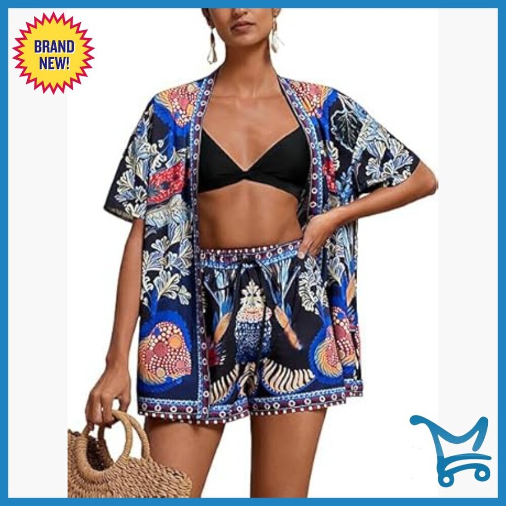 Lightweight Polyester Short Set with Kimono Cover Up for Beach Lounge